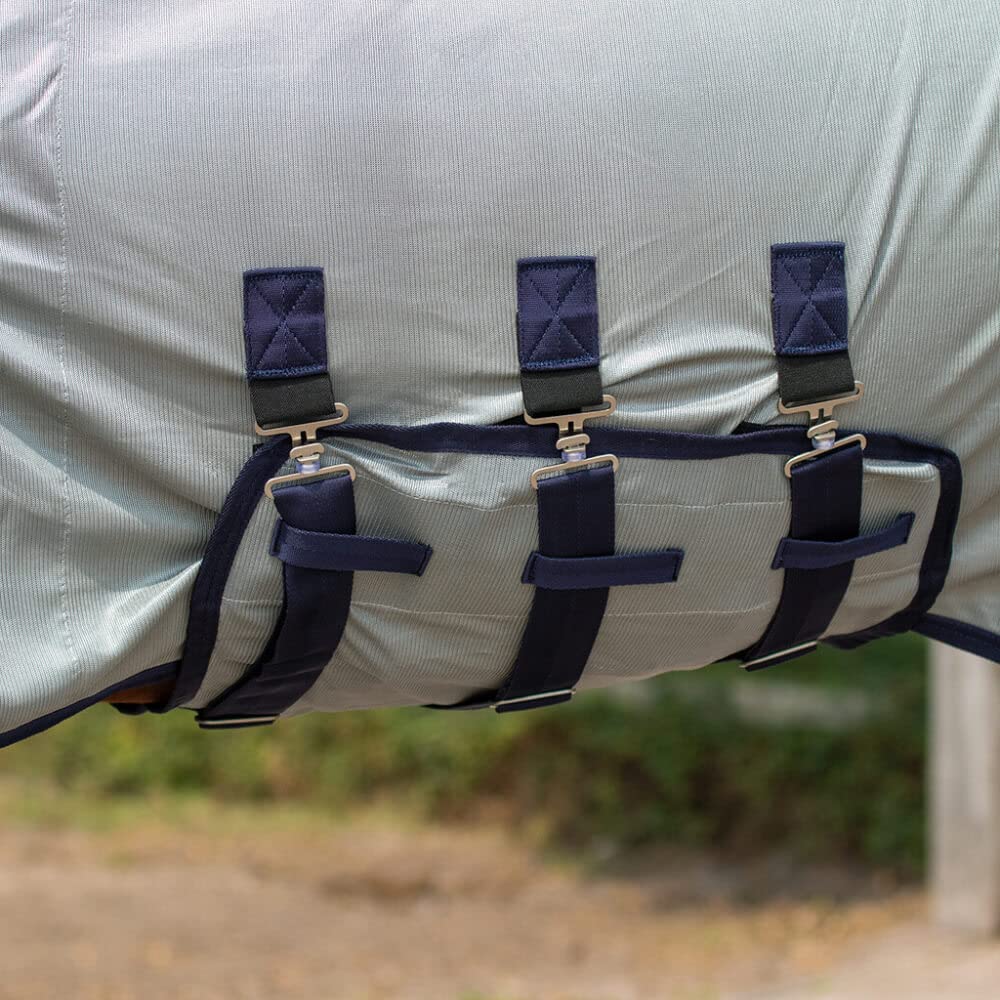 QHP – Manta antimoscas para caballo con sombrero y cuello, 3 cinturones en el viente y cierre frontal