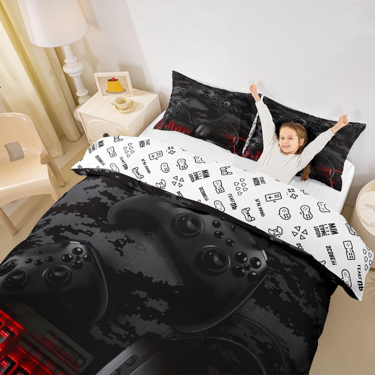 Gaming Gamepad Duvet Cover Set Toddler Size,Camo Keyboard Headphone Bedding Set,Boys Girls Room Decor,Camoflage Videogames Controller Console Comforter Cover,Black Quilt Cover,1 Pillowcase(No Filler) image 2
