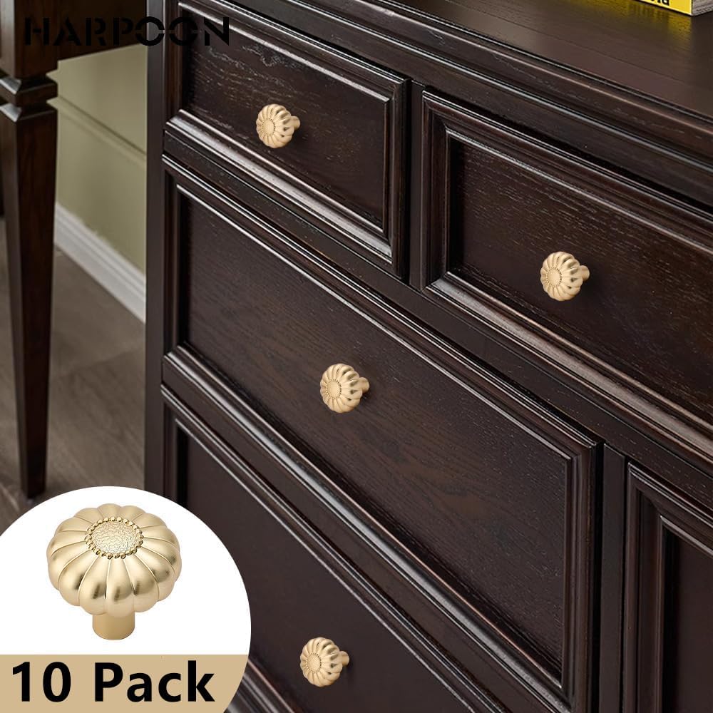 HARPOON 10 Pack Cabinet Knobs, Vintage Round Knob, Kitchen Bar Cabinet Hardware, 1.2 inch Single Hole, Brushed Brass