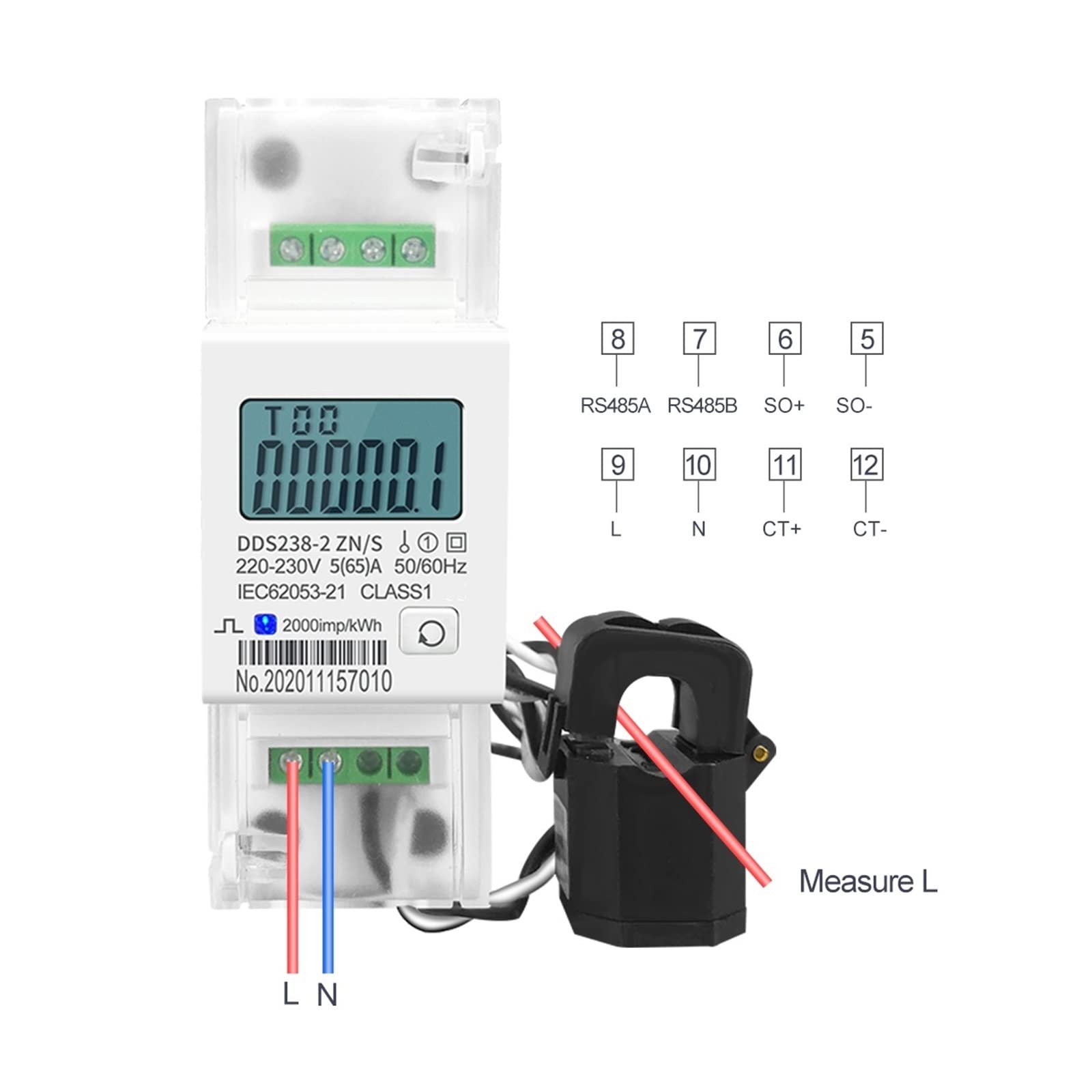 Monitor de energía Split CT 65 A 100 A monofásico multifunción, riel DIN KWH W, medidor de energía, monitor de consumo de energía