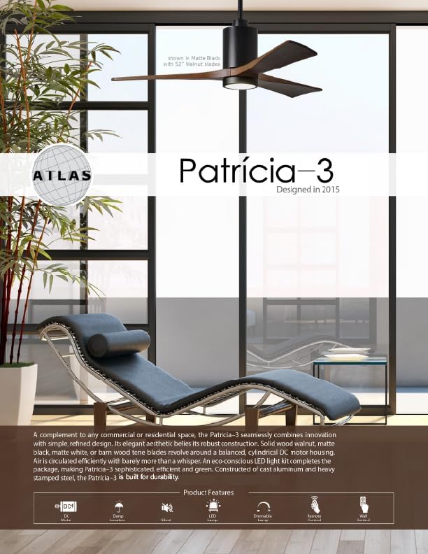 Matthews PA3-BK-WA-60 Patricia Indoor/Outdoor Damp Rated 60" Ceiling Fan with LED Light and Remote & Wall Control, 3 Walnut Solid Wood Blades, Matte Black Matte Black Walnut Tone Blades