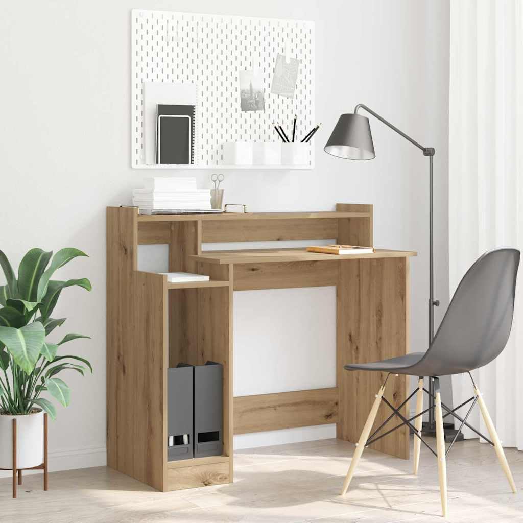 Escritorio de madera de roble Artisan, 97 x 45 x 90 cm, con iluminación LED, puerto USB y 3 estantes, moderna mesa de ordenador para oficina, oficina en casa, estudio