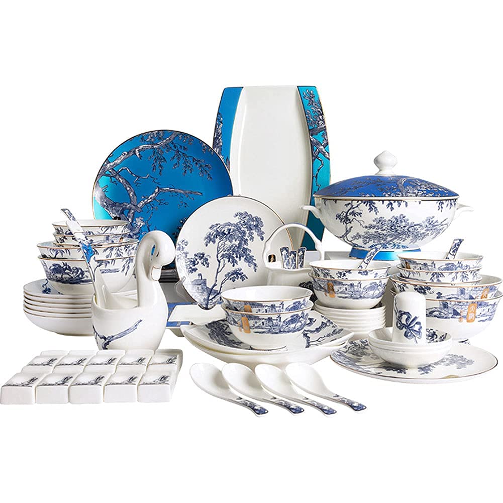 Ensemble de Vaisselle en Porcelaine Anglaise, 62 pièces, Bols, Plats et Baguettes en céramique pour la Maison (Service pour 6 à 8 Personnes) - pour Amis et fami(