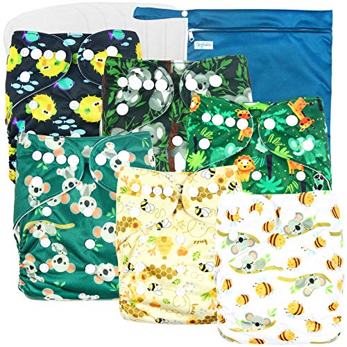 Leekalos Cloth Diapers Reusable for Boys and Girls, Baby Diaper Cloth with Bamboo Inserts & Wet Bag (Koala & Bee)