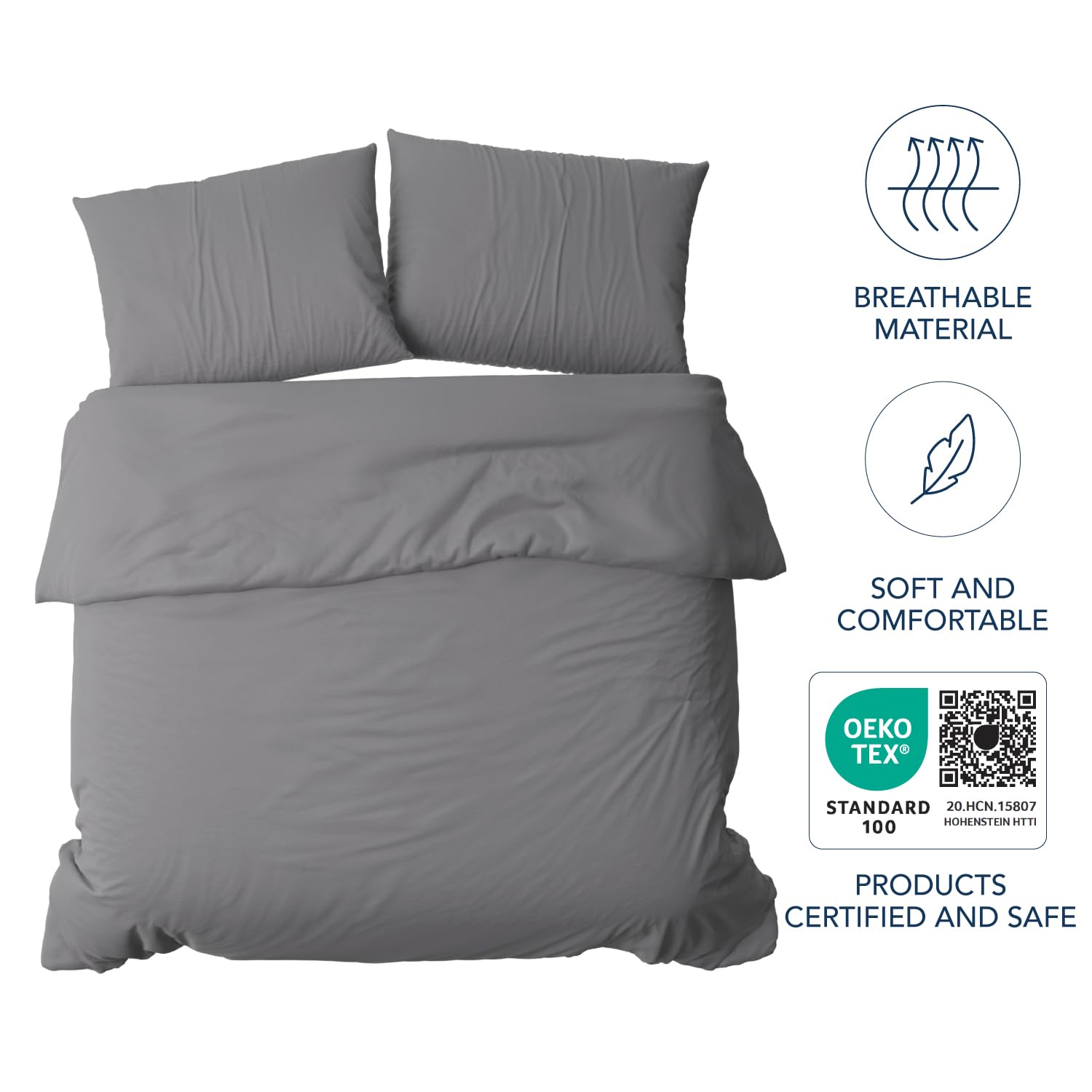 Dreamzie Copripiumino Matrimoniale 240x260 cm con 2 Federe 65x65 cm - Antracite - Set Copripiumino Matrimoniale 240x260