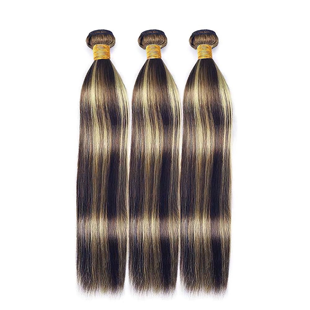 BilltiiWW Ombre Human Hair P1B/27 Straight Bundles Two Tone Black to Honey Blonde Highlight Bundles Brazilian Human Hair Weave Soft and Silky for Black Women 24 26 28 Inch
