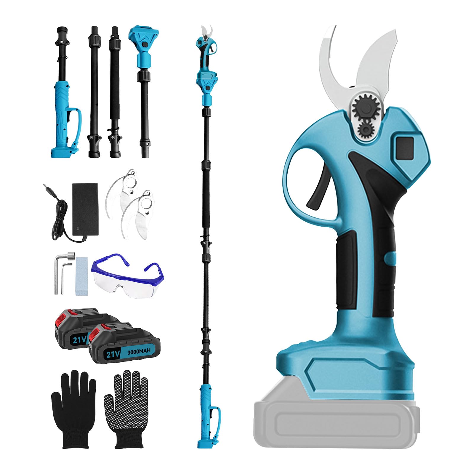 Coupe-branches électrique 2 en 1 avec batterie, 70 mm, avec 2 piles de 3000 mAh, rallonge de 2 m, moteur sans balais pour élagage d'arbres, coupe-branches