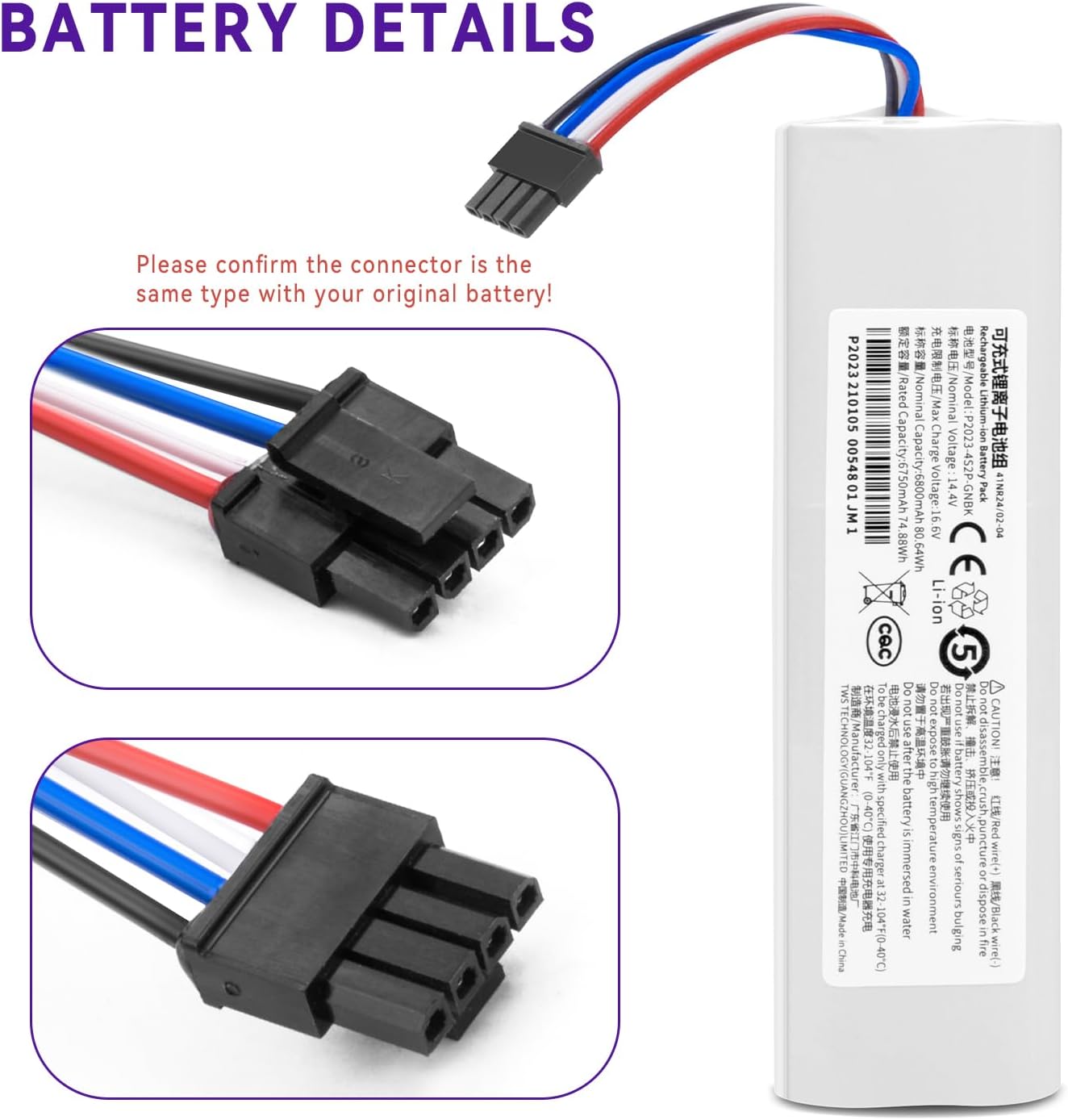 P2008-4S2P-MMBK Battery Replacement for Dreame D10s L10s D9 Pro D10 L10 D10 Plus D9 Max RL55L L10 Pro RLS5-BL0 RLS5-WH0 D9 L10 Pro Plus Z10 Pro F9 RVS5-WH0 W10 Pro W10 Vacuum Cleaner 14.4V 6800mAh
