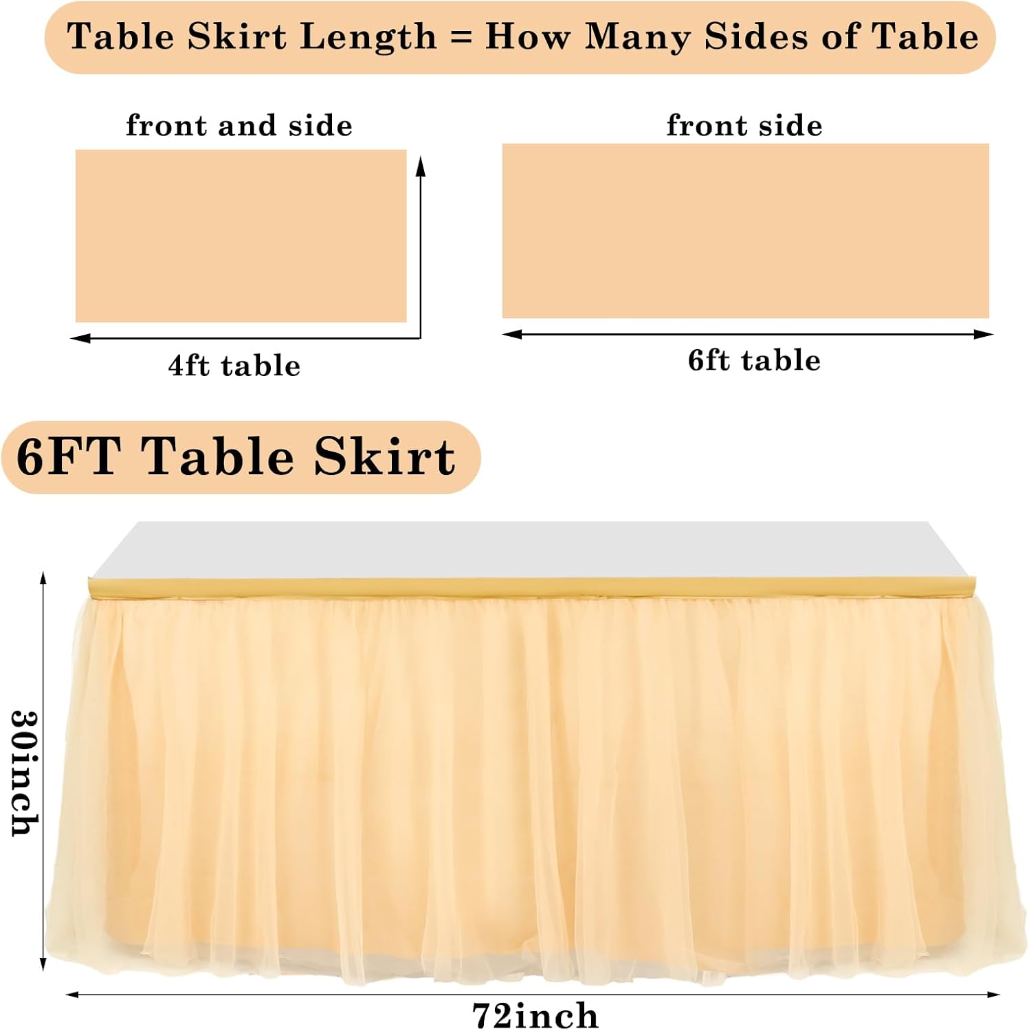 Tioncy 6 ft x 30 in Champagne Teacher Desk Skirt Tulle Desk Skirt