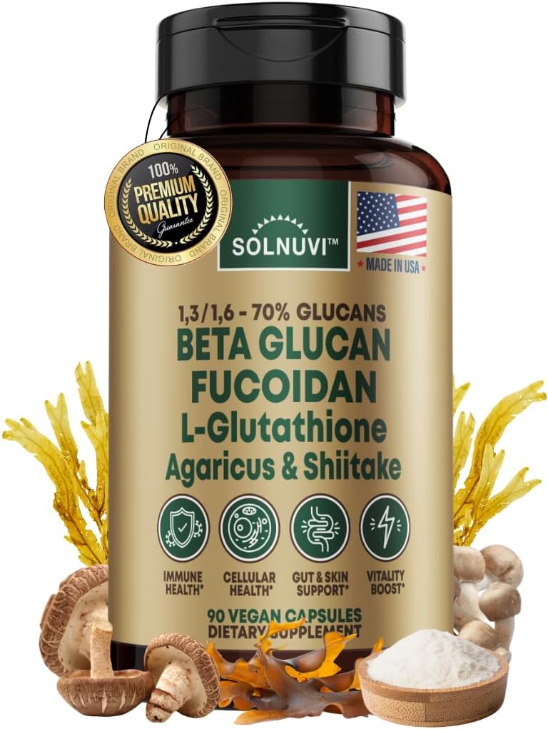 Beta Glucan & Fucoidan Brown Seaweed Extract - L Glutathione, Shiitake, Agaricus Blazei Mushroom, Vitamin C - Immune, Cellular, Healthy Aging Support - 90 Capsules, Non GMO, Gluten Free Supplement