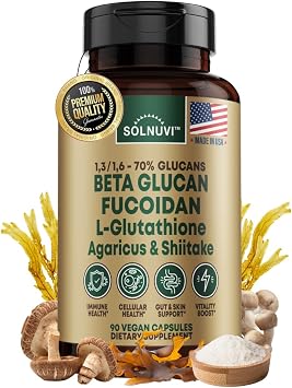 Beta Glucan & Fucoidan Brown Seaweed Extract - L Glutathione, Shiitake, Agaricus Blazei Mushroom, Vitamin C - Immune, Cellular, Healthy Aging Support - 90 Capsules, Non GMO, Gluten Free Supplement