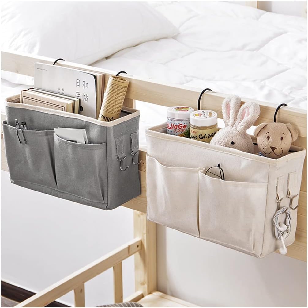 Bedside Storage Caddy – Hanging Organizer with Multiple Pockets by KOKSI – Grey Fabric Bedside Pocket for Magazines, Books, Remotes, Smartphones – Ideal for Sofa, Armrest, Bedroom