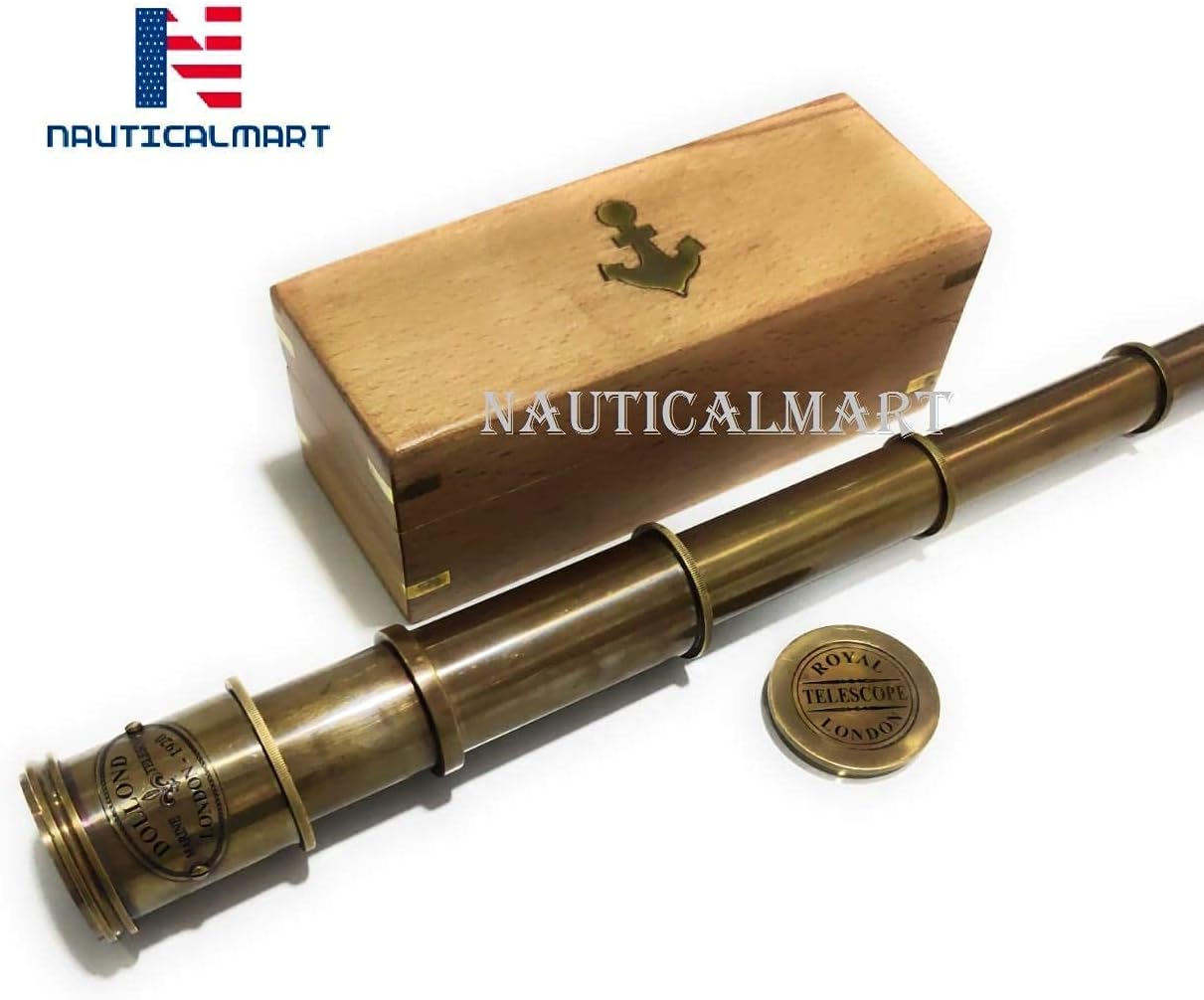 Pirate Brass Telescope, Spyglass Collapsible Monocular Decorative Telescope with Glass Optics for Travel, Hiking, Hunting, Navigation with High Resolution, with Lid and Antique Finish