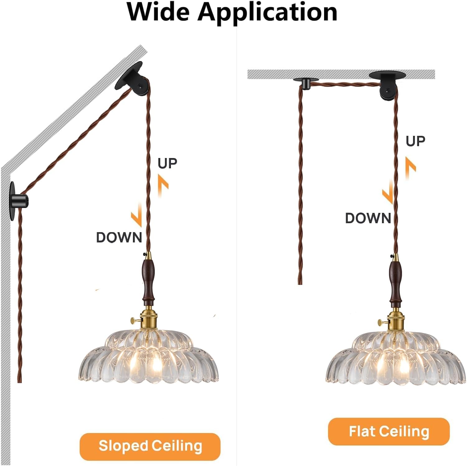 Plug in Pendant Light, Scalloped Clear Glass with Wooden Handle, Gold Brass Finish, Adjustable Pulley, Dimmable, Vintage Hanging Lamp for Bedroom Living Room Kitchen Island