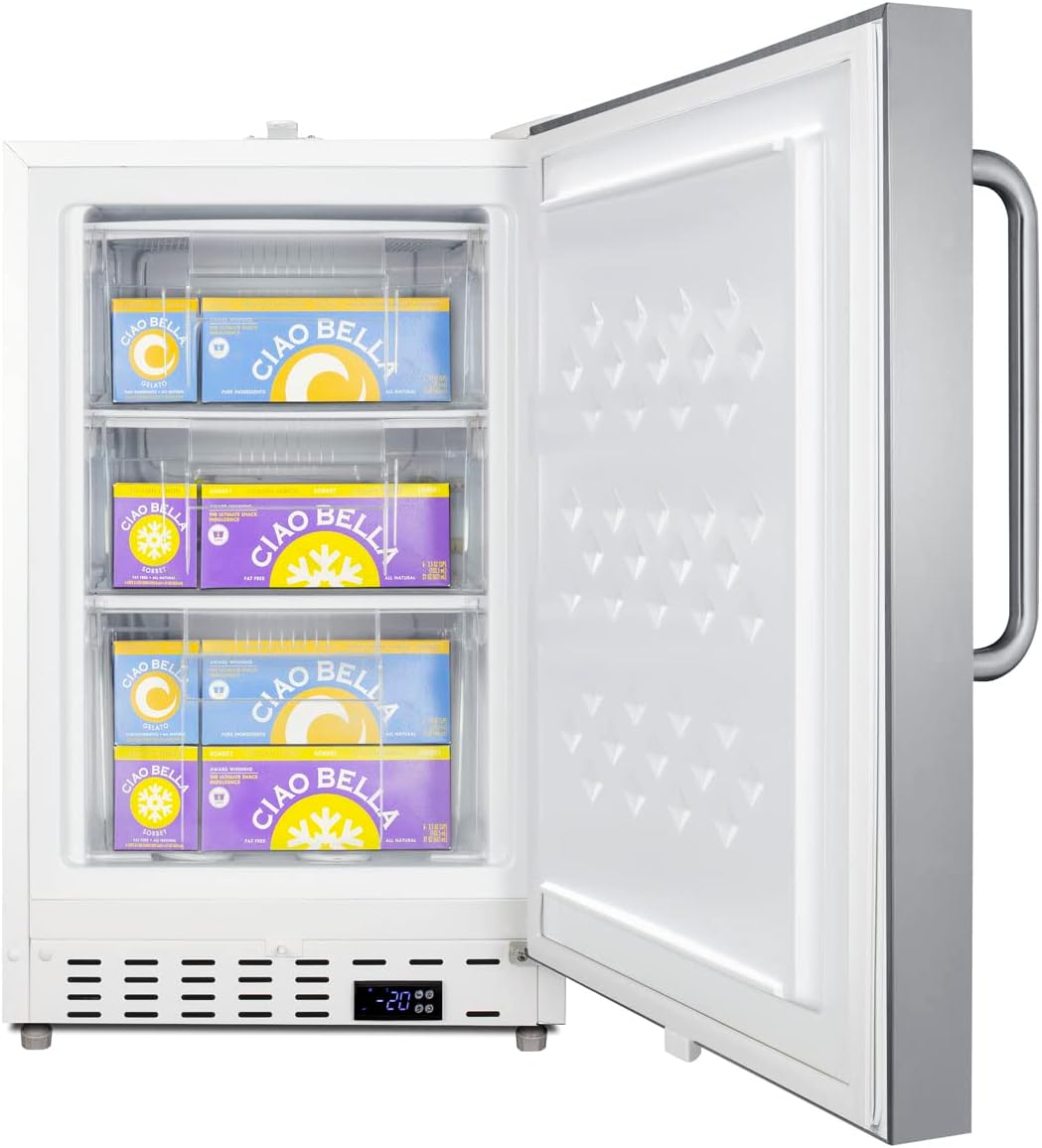 Summit Appliance SCF505SSTBADA 20" Wide Built-in Undercounter ADA Compliant Commercial All-freezer with Stainless Steel Door, Towel Bar Handle, Front Lock, Manual Defrost and White Cabinet