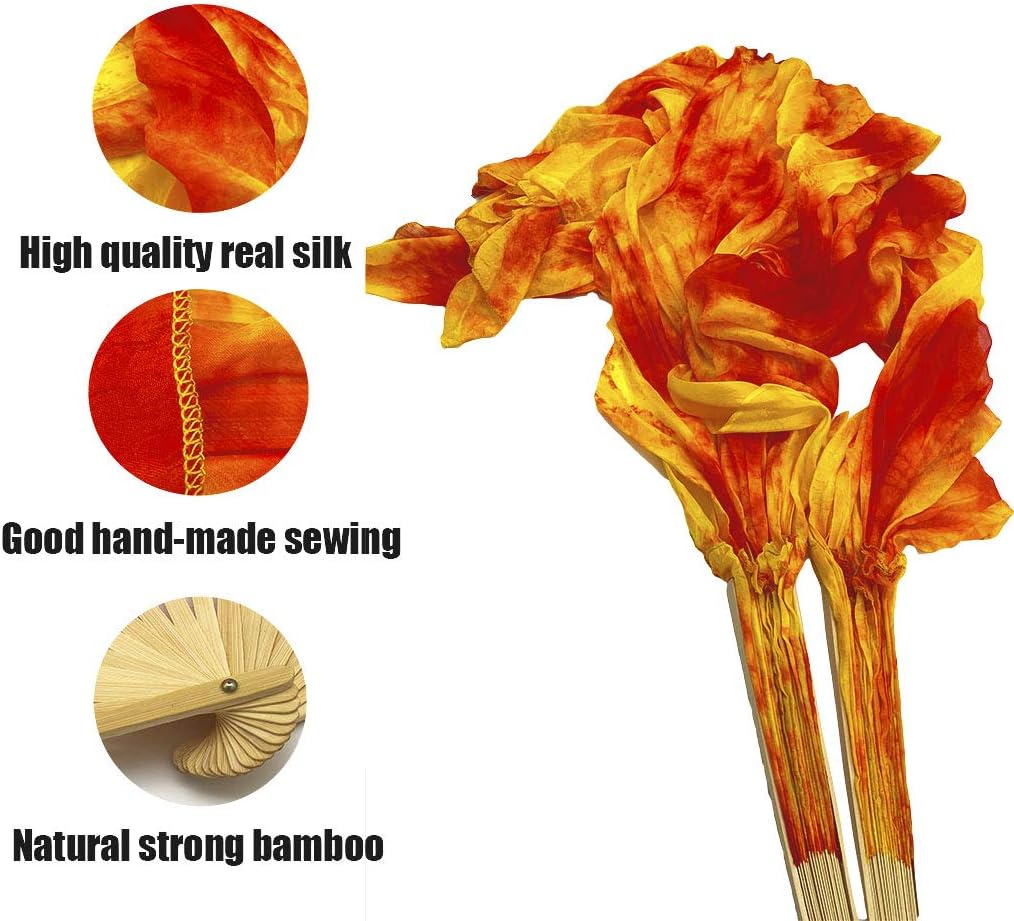 Beyiwenoo 1 Pair (Left+Right) Premium Silk Belly Dance Fan Veil, Orange Fire Effect Folding Fans, Designed for Dancing Show and Flow Arts, Length 71" Width 35" : Sports & Outdoors