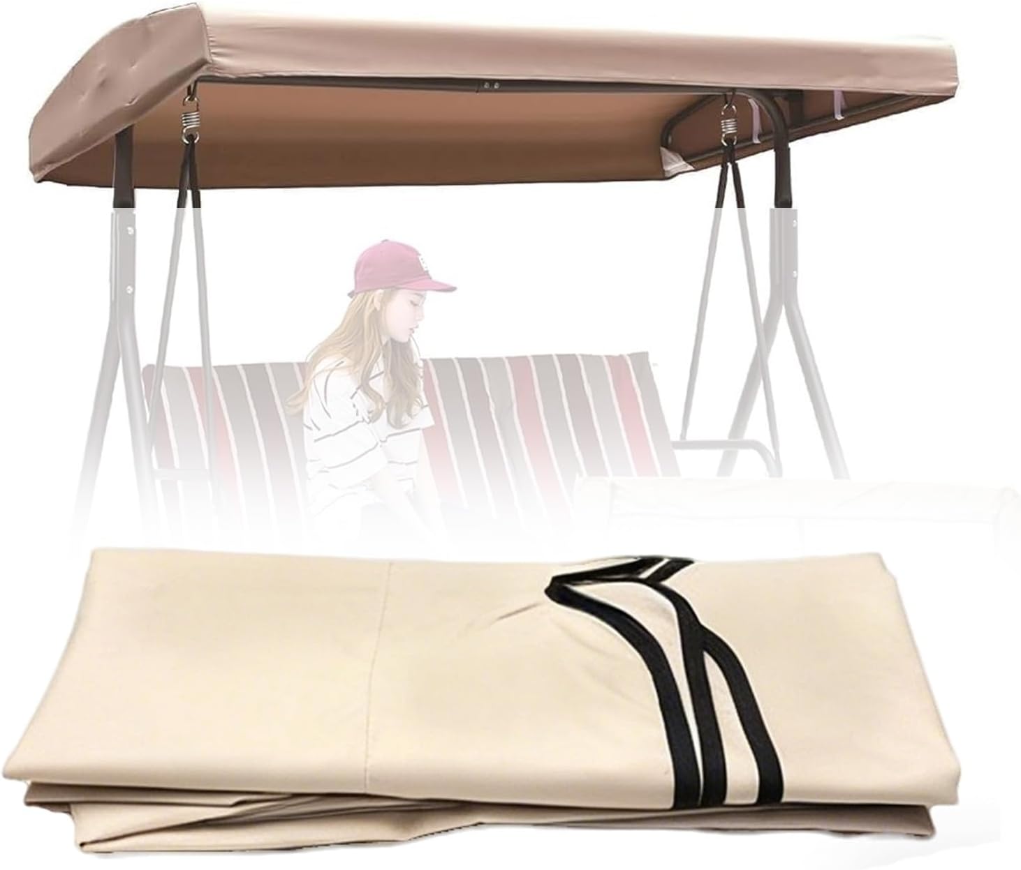 Patio Swing Canopy Cover,Heavy-Duty Porch Swing Canopy Replacement Top 2 3 Seater Universal Waterproof Canopy Replacement,Garden Awning Protect Top Cover for Hammock,Beige,75×47×7/9"