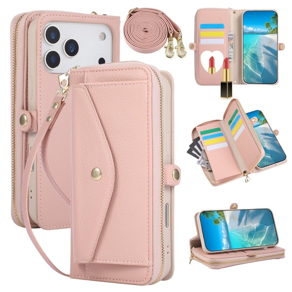 Étui iPhone 17 Pro rose anti-perte avec portefeuille zippé sécurisé - 8