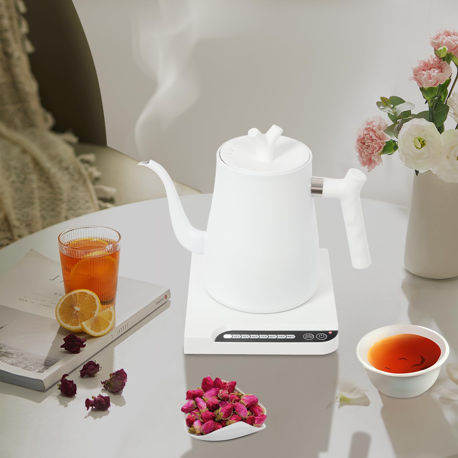 Hervidor eléctrico de 1 L, 1000 W, 7 niveles de temperatura del agua ajustables, cuello de cisne, para café y té, color blanco