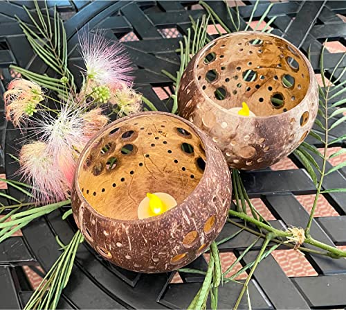 Ck Home Coconut Candleholder Set Of 2 Tealight Candle Holders Plus 2 Flameless Candles, Cocoflower Design, Brown. #TOP3