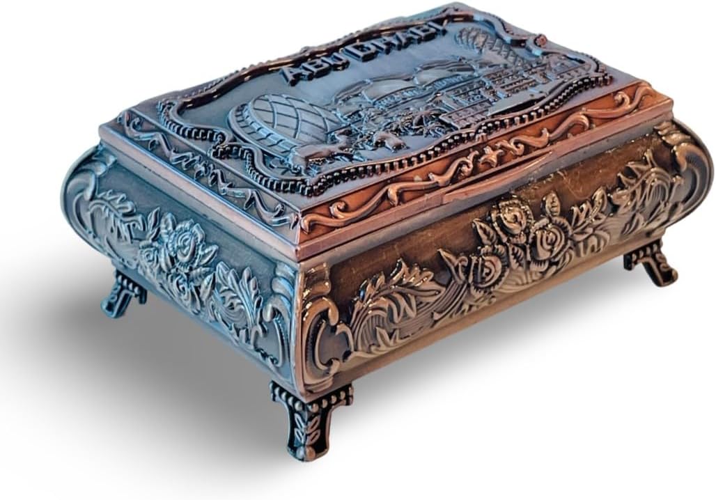 Dubai City Carved Embossed Souvenir Vintage Treasure Box Exquisite Trinket Storage Case, Figurine Jewelry Storage Home Decor Table Decor Festival Gift Classic Ornaments Metal Craft (Bronze)