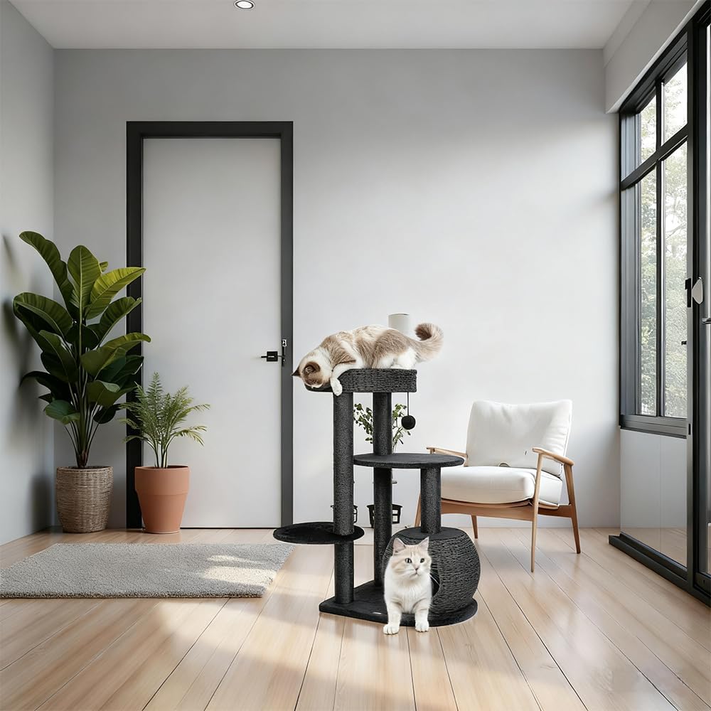 NUNU Modern Cat Tree, Modern Cat Trees Tower, Wooden Cat Tree for Large Cats, 39" Cat Tower for Indoor Cats, Hand-Woven Condo & Top Perch, for Kittens Climb, Play & Rest