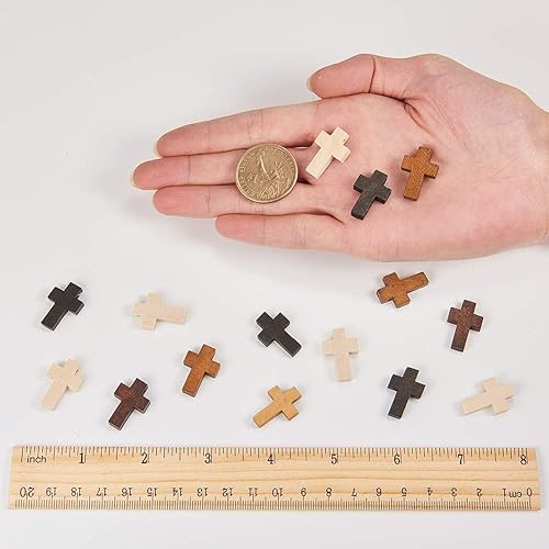 Miniatura 10 de SUNNYCLUE 200 dijes de cruz de madera de 0.85 x 0.55 pulgadas, mini dijes de cruz pequeños de madera natural a granel para recuerdos de fiesta,