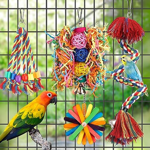 Bird Toys Rope Perch with Bell Colorful Bird Chewing — top-down angle highlighting key features