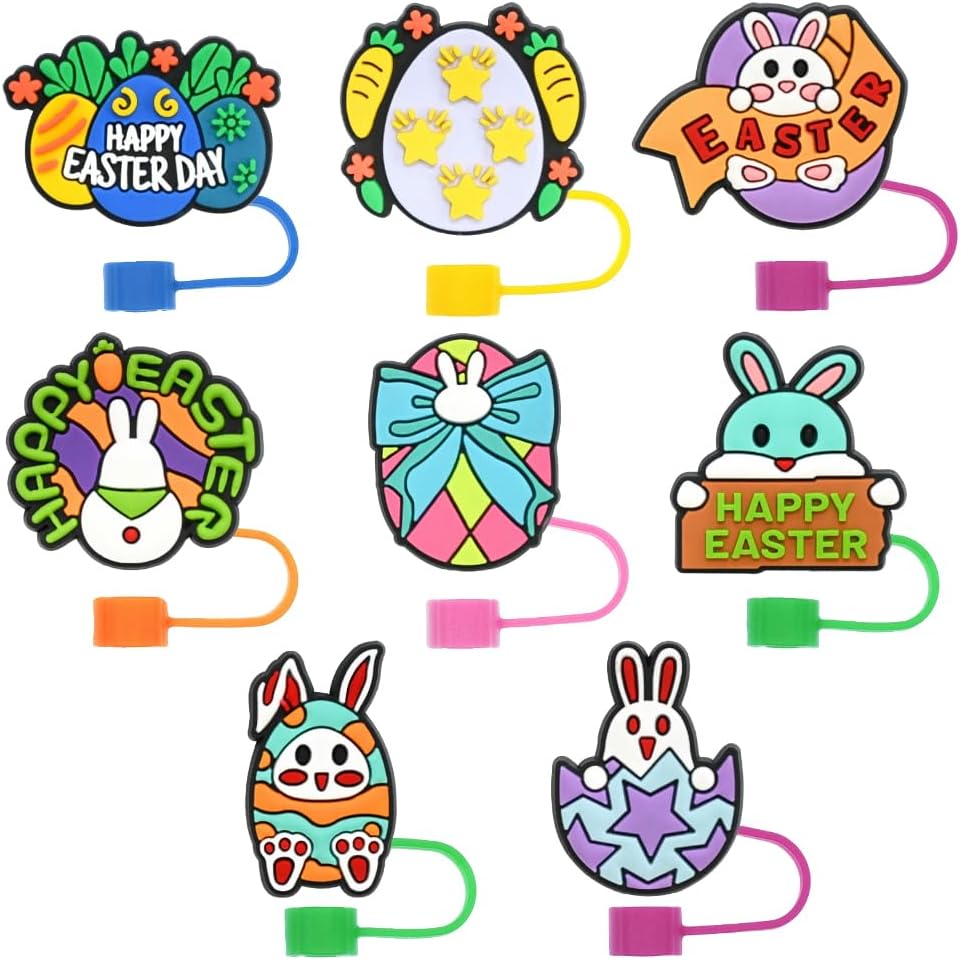 Easter Straw Cover Caps for 30 40oz Tumblers Cups 8 Pcs 10mm Cute Bunny Eggs Design Straw Toppers Silicone Drinking Straw Tip Lids Protector Cup Accessories