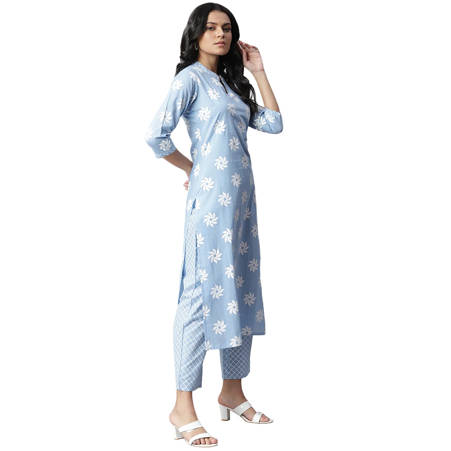 Stylum Women's Plus Size Cotton Printed Straight Kurta Pant Dupatta Set (Greykhadikpdset-46_Light Blue, 3Xl)