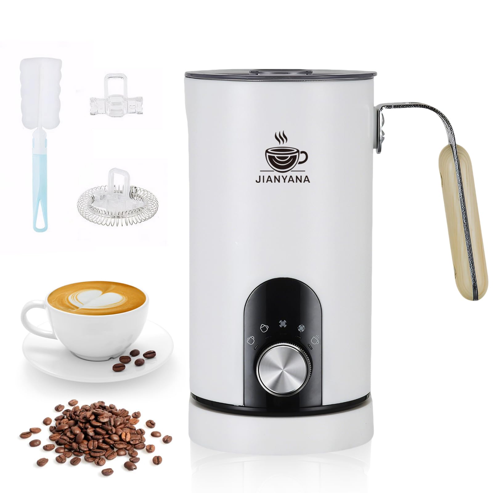 JAINYANA Espumador de Leche Eléctrico 5 en 1 Espuma Caliente y Fría Automática Calentador de Leche,350ML Silencioso Acero Inoxidable,para Latte Capuchino Macchiato y Chocolate Caliente(Blanco)