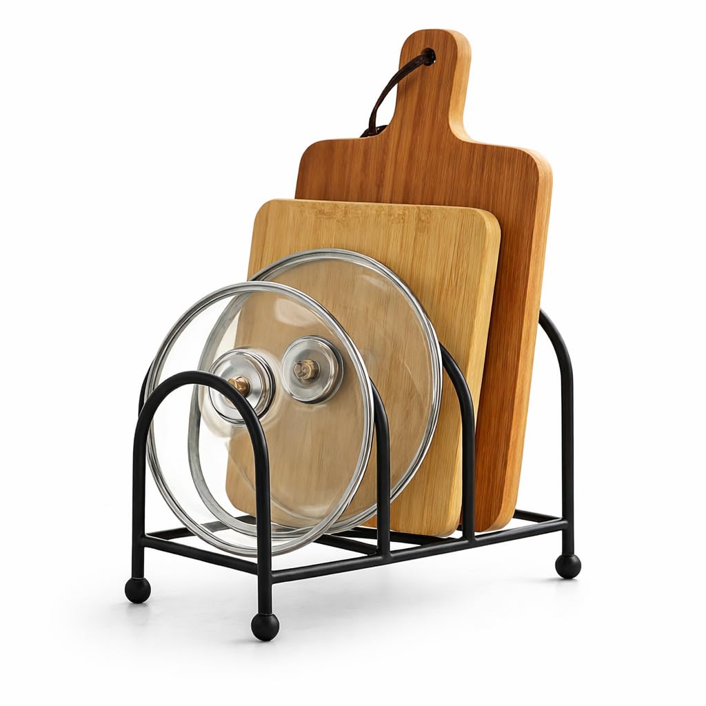 Craft Mshopr Pan Pot Rack Lid Holder – 3 Slot Iron Cookware Organizer, Black Kitchen Countertop Pot & Pan Storage Stand, Lid Organizer Rack for Cabinet & Counter, 8 x 5 x 6 Inches