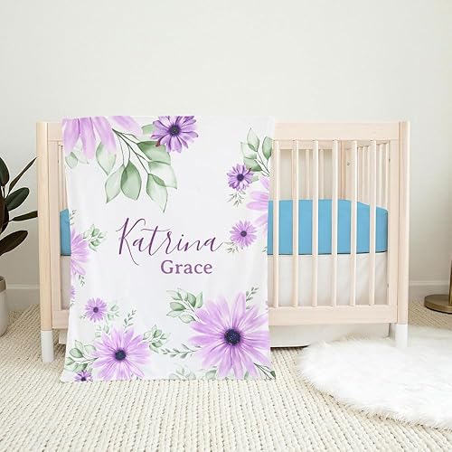 Manta de bebé personalizada con nombre, bonita manta de flores violetas, súper suave, regalos personalizados, linda manta de baby shower para niños,