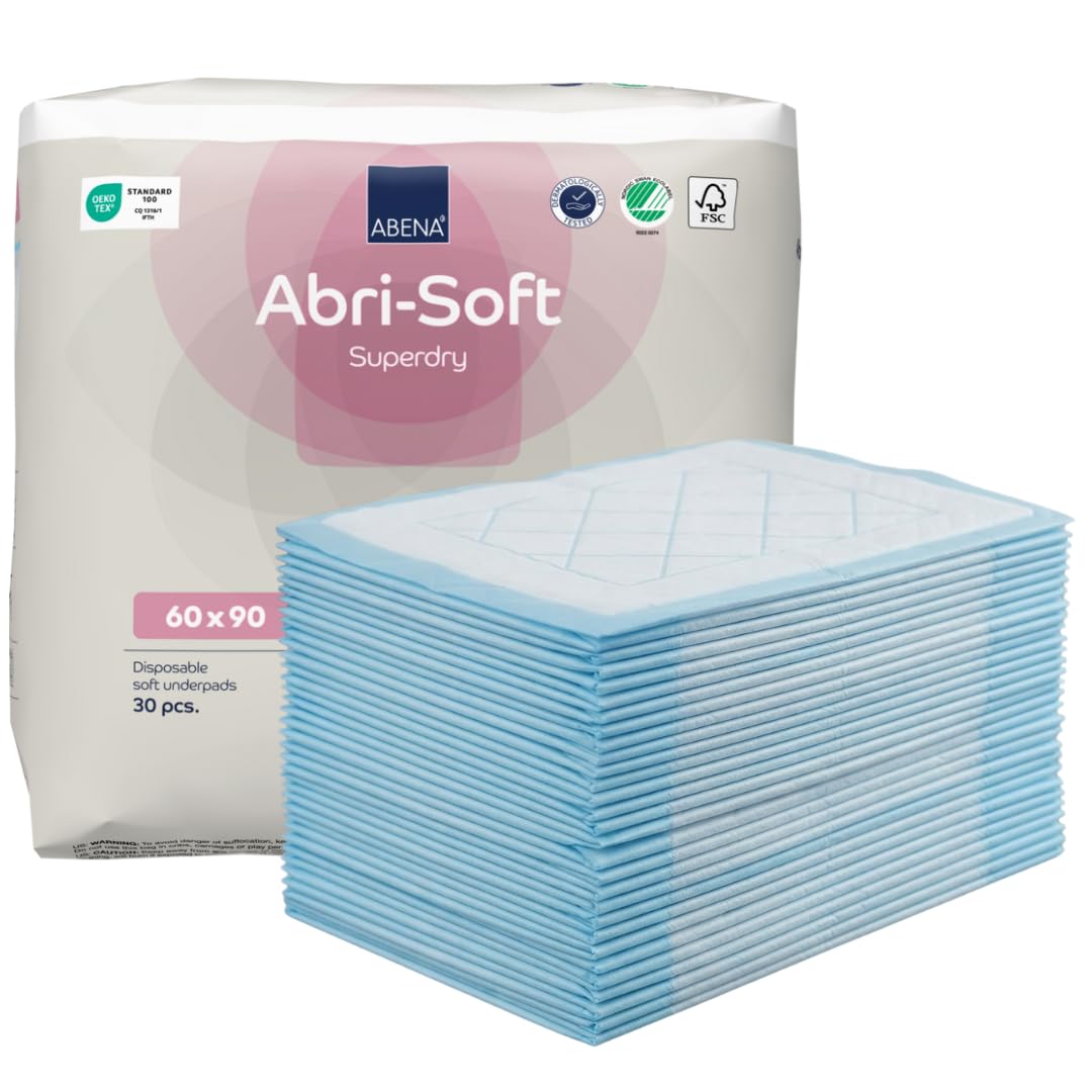 ABENA Abri-Soft Superdry Disposable Incontinence Bed Pads, Eco-Friendly Incontinence Underpads, Leak Protection, Soft & Secure Bed Protectors for Incontinence - 60x90cm, 1500ml, 30PK