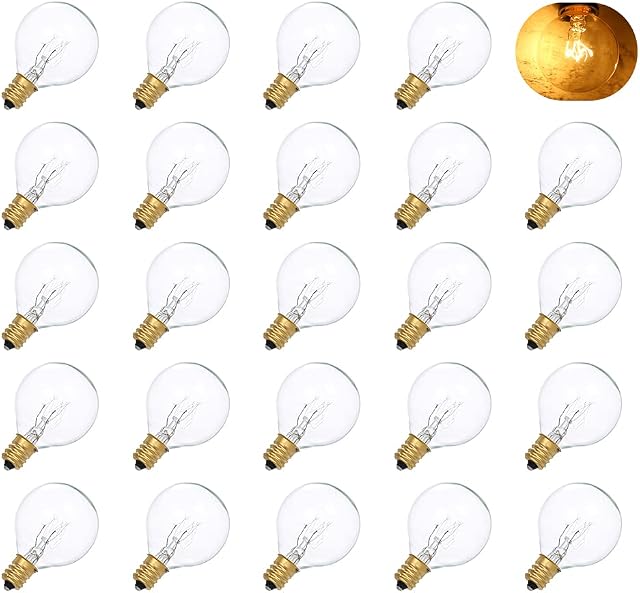 Neoglint 25 Pack G40 Replacement Bulbs Outdoor 7 Watt G40 Globe Tungsten Bulbs 2100K Warm White Candelabra Screw E12 Base IP44 Waterproof Clear Glass Bulbs