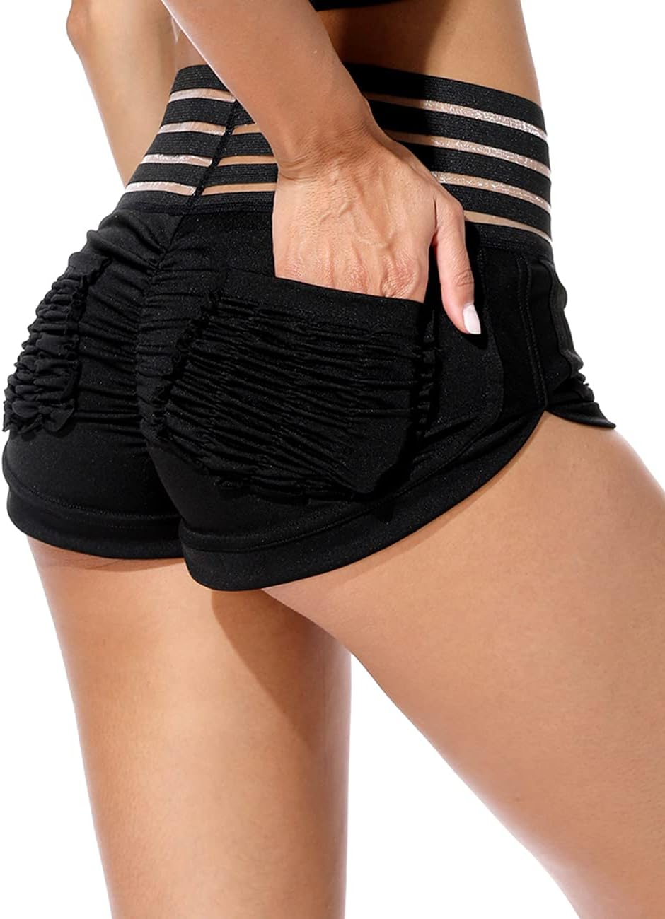 STARBILD Sripe High Waisted Tummy Control Non-See Through Yoga Shorts with Lace Pocket On Both Sides, L, Black