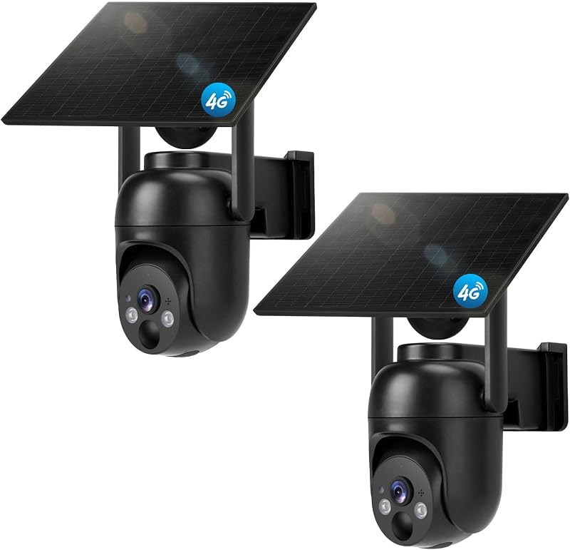 Cámara de seguridad celular 4G LTE, paquete de 2, tarjeta SIM incorporada, energía solar | No se necesita WiFi, visión nocturna en color 2K, vista de 360°, para lugares de trabajo y áreas fuera de la red, detección de movimiento, audio bidireccional, fácil configuración