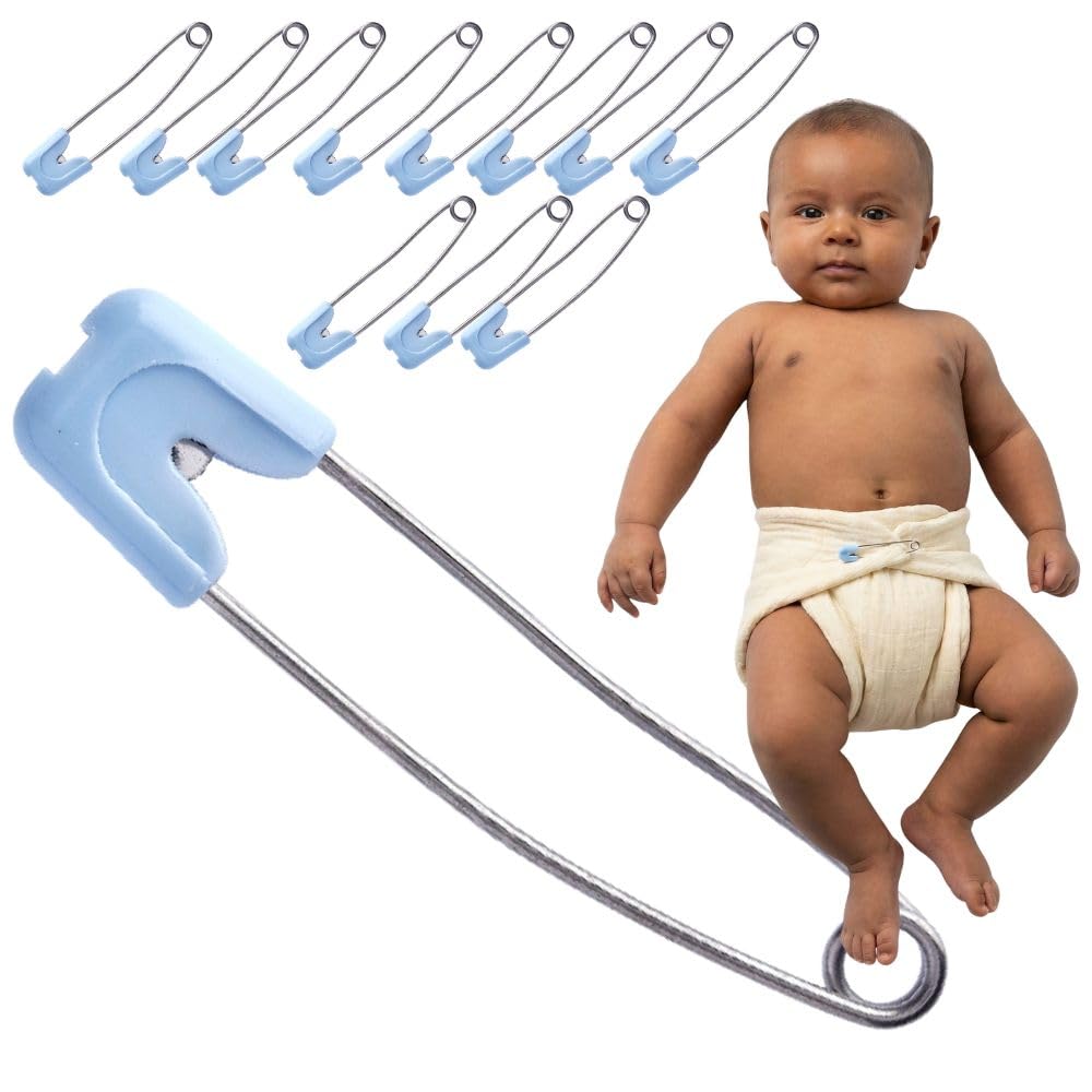 Nappy Pins 55 mm Value Pack of 12 Blue - Large Safety Pins For Reusable Cloth Nappies - Strong & Secure With Locking Safety Cap, Rust Proof Stainless Steel - Giddy Square