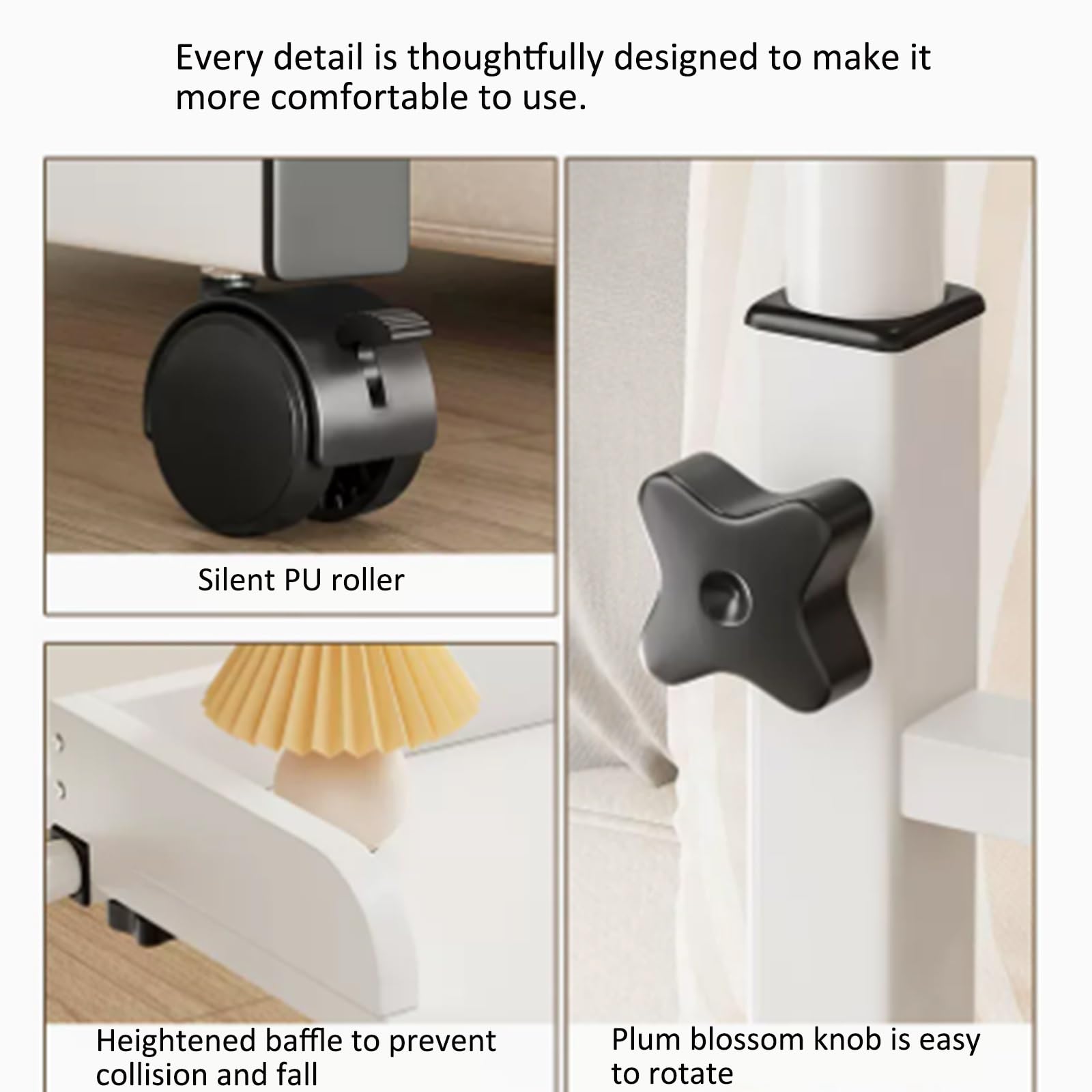 Mesa ajustable con ruedas, mesita de noche ajustable en altura para un fácil acceso y comodidad en la cama o silla