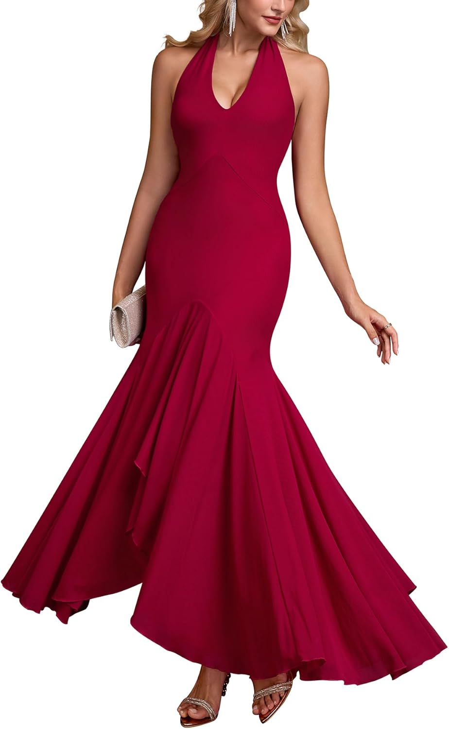 HTZMO Women Formal Sexy V Neck Halter Tie Maxi Dress Bodycon Flowy Wedding Guest Cocktail Elegant Long Dresses