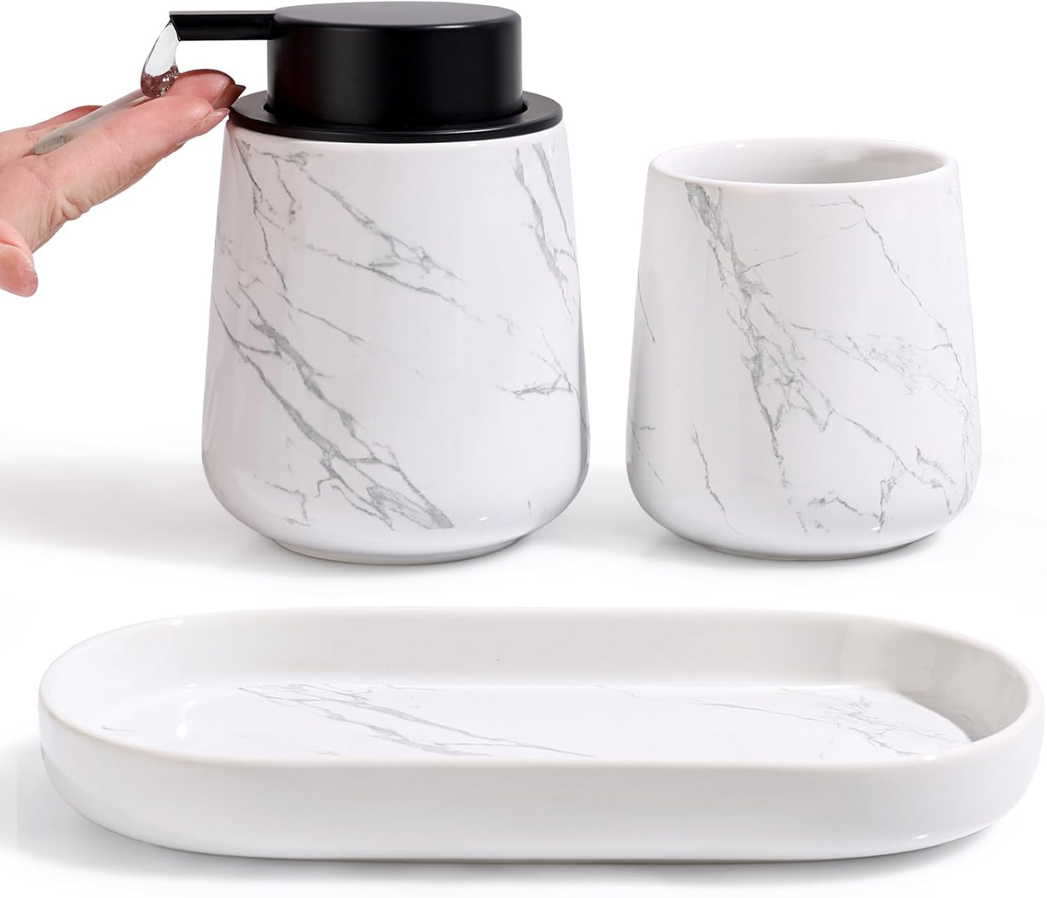 Umlaca Bathroom Accessories - Juego de accesorios de baño de 3 piezas, incluye dispensador de jabón de 350 ml, vaso para cepillos de dientes y jabonera de 320 ml, adecuado para baño, lavabo
