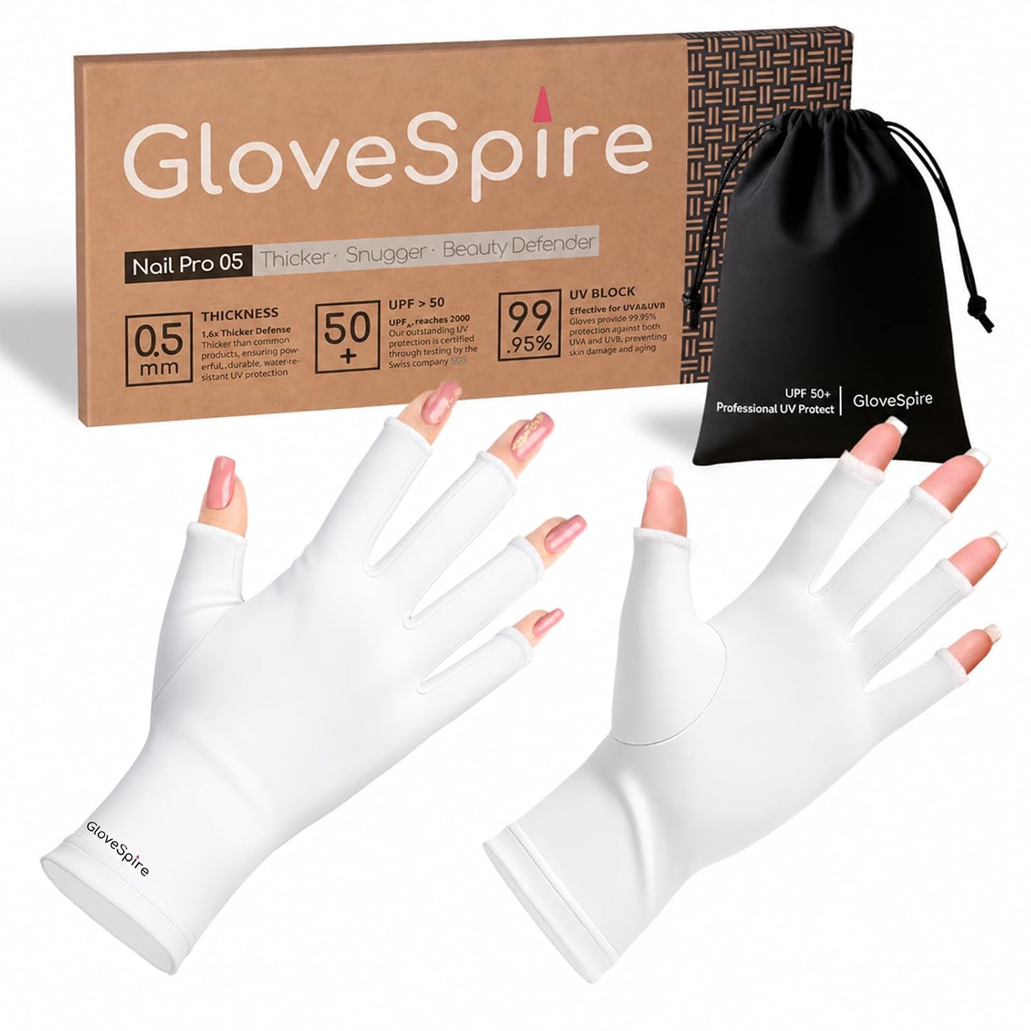 Thickened UPF50+ UV Gloves for Nails, One Size, Blush Pink | Fingerless, Sun & UV Protection, Thickened Stretch Fabric, 2 Sizes for a Better Fit, Included Storage Pouch, Home & Salon Use