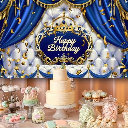 Image of BlissYard Prince Birthday Party Backdrop 70 X 43 Inch Royal Blue And Gold Birthday Banner for Boys King Theme Party Decoration Backdrop Royal Little Prince Happy Birthday Party Banner Photoshoot