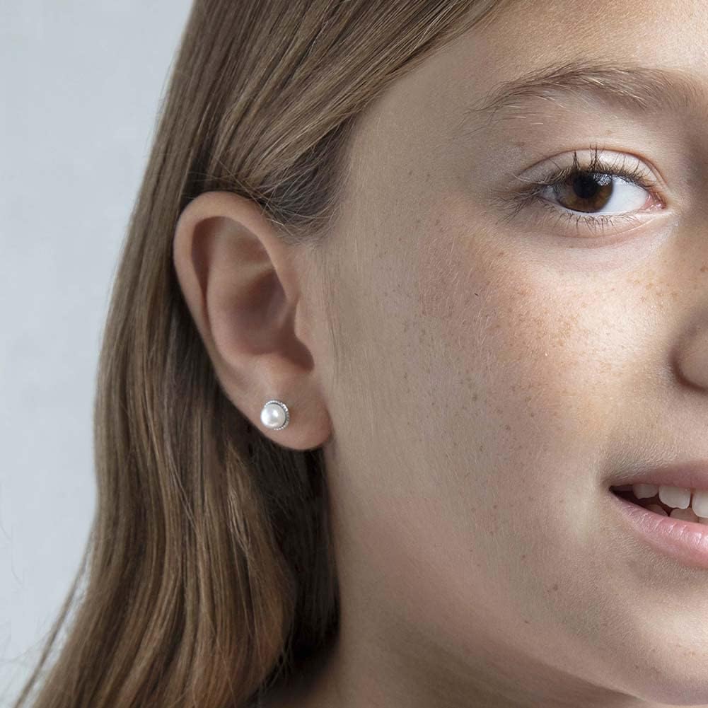 In Season Jewelry Simulated Pearl Kids Earrings - 925 Sterling Silver Hypoallergenic Earrings for Girls with Safety Screw Backs - Safe & Comfortable for Toddlers, Kids & Little Girls