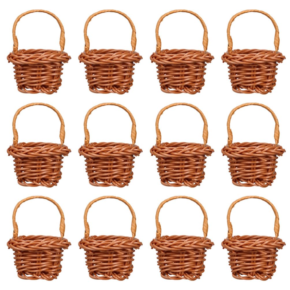 Cabilock 12pcs Mini Woven Basket with Handles Miniature Storage Basket Farmhouse Desktop Decorative Accessories for Wedding Party Favors Tree Hanging Ornaments Crafts, Chocolate