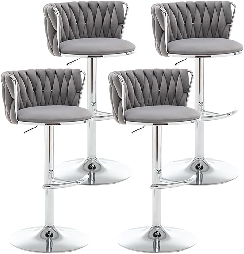 Juego de 4 taburetes de bar de terciopelo, sillas de bar de altura de mostrador con respaldo bajo, taburetes de bar giratorios para isla de cocina,