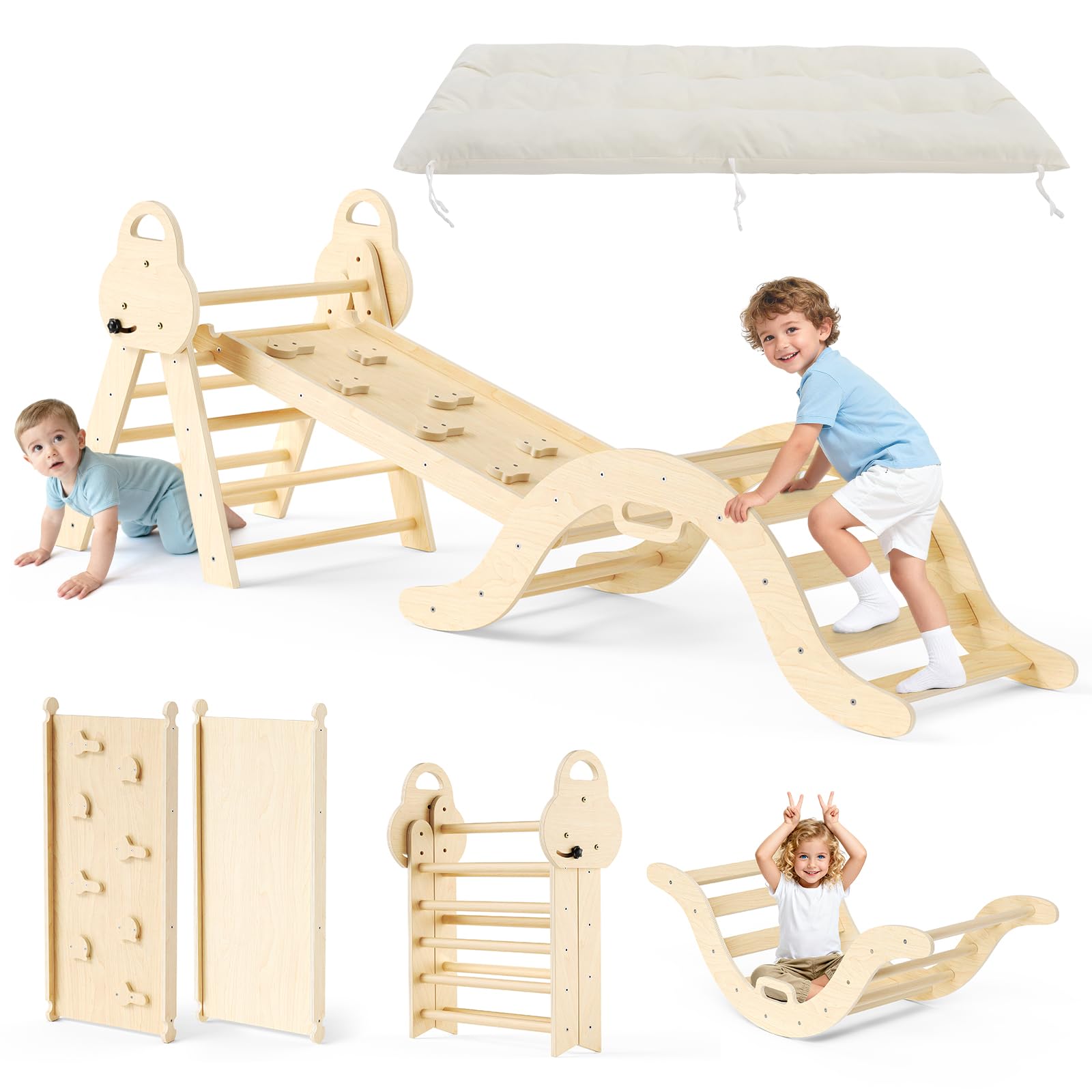 nmoiww Struttura da Arrampicata per Bambini 7 in 1, Scala da Arrampicata in Legno per Bambini con Cuscino Accogliente, Palestra da Gioco Montessori per Interni (Legno-7 in1)