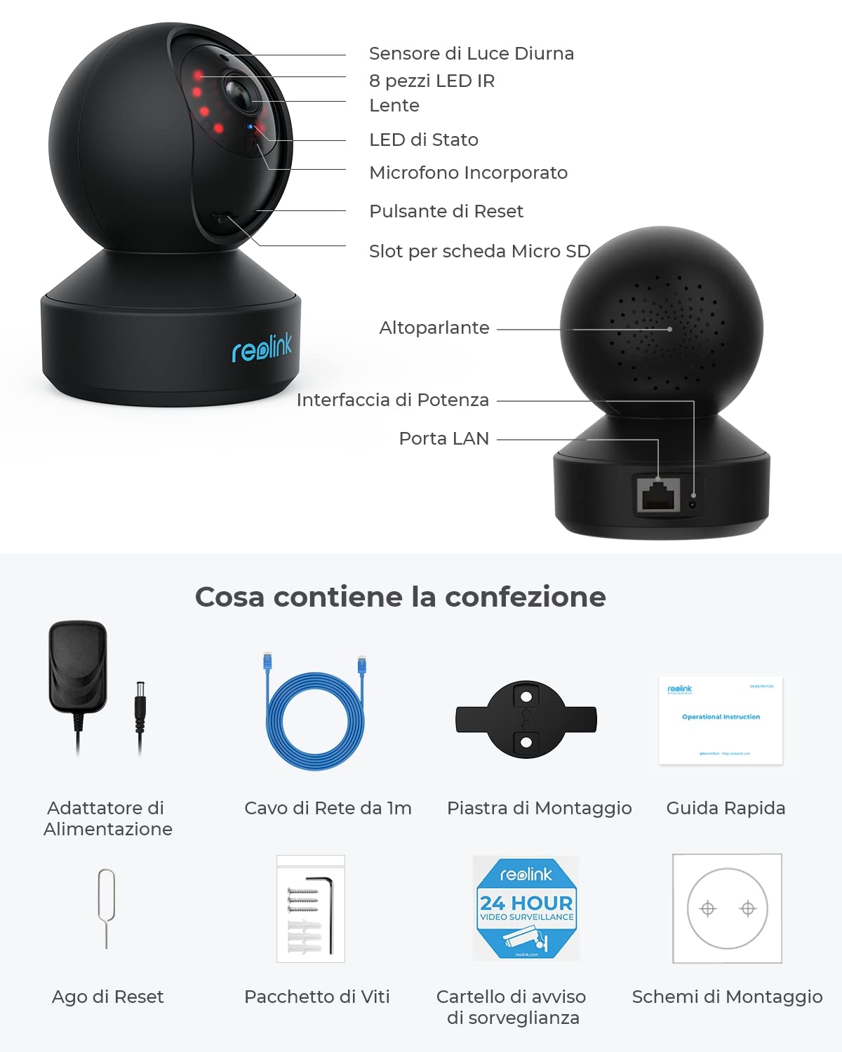 Reolink 2K 4MP Telecamera WiFi Interno con Pan/Tilt, Rilevazione del Movimento, Visione Notturna, Videocamera Sorveglianza Interno WiFi 2.4/5GHz, Audio a 2 Vie, Cloud, E1 Pro Nero (Ricondizionato)