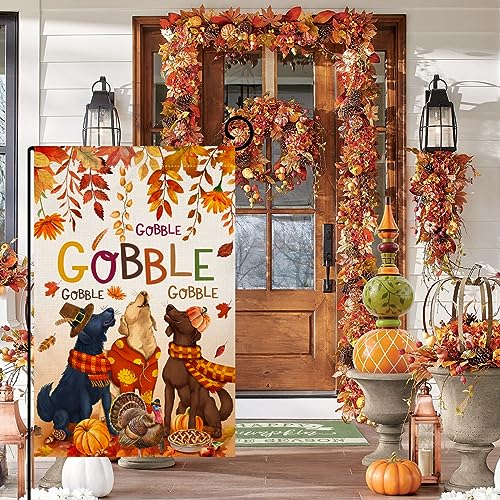 Blkwht XX-FLG-FAL-3DOG-GOB-230804-1 Fall Thanksgiving Garden Flag 12X18 Vertical Double Sided Dog Turkey Pumpkin Leaves Autumn Holiday Outside Decorations Burlap Yard Flag Bw511 thumb #2