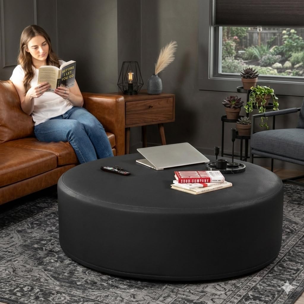 Jaxx Candler Round Couch Ottoman – Oversized Giant Coffee Table Ottoman - Versatile Firm Foam Construction - Kid Safe with Removable Cover, 44”, Premium Faux Leather, Black